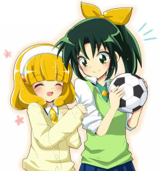 Rule 34 | 10s, 2girls, ball, blonde hair, cardigan, closed eyes, green eyes, green hair, green necktie, green sweater vest, hairband, kise yayoi, midorikawa nao, multiple girls, necktie, open mouth, ponytail, precure, school uniform, shinji (udonteishoku), short hair, sleeves rolled up, smile, smile precure!, soccer ball, sweater vest, telstar, vest, white hairband
