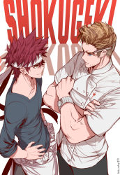 Rule 34 | 2boys, animification, bandana, blonde hair, chef, copyright name, crossed arms, crossover, dishwasher1910, duel, facial hair, gordon ramsay, hands on own hips, looking at another, multiple boys, object behind ear, pencil, real life, red hair, shokugeki no souma, stubble, watch, wristwatch, yukihira souma