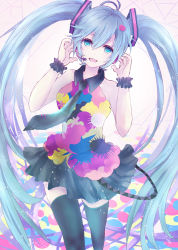 Rule 34 | 1girl, alicetype, blue eyes, blue hair, hatsune miku, headset, highres, long hair, matching hair/eyes, necktie, skirt, solo, tell your world (vocaloid), thighhighs, twintails, very long hair, vocaloid