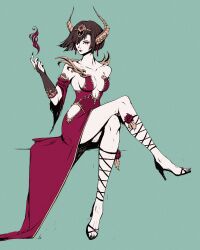 Rule 34 | 1girl, absurdres, akramness, aqua background, black footwear, breasts, bridal gauntlets, brown hair, cleavage, collarbone, commentary, cross-laced clothes, cross-laced legwear, detached sleeves, dress, eyeshadow, fire, flower, full body, hair over one eye, high heels, highres, horns, invisible chair, makeup, medium breasts, mole, mole under eye, original, pale skin, red dress, red eyeshadow, red flower, red lips, short hair, side slit, simple background, sitting, solo, tiara, yellow eyes