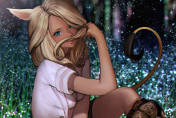Rule 34 | 10s, 1girl, animal ears, aqua eyes, bad id, bad pixiv id, blonde hair, blue eyes, blurry, bra, breasts, cat ears, cat tail, dark-skinned female, dark skin, depth of field, final fantasy, final fantasy xiv, ganguro, grass, gyaru, highres, holding, holding own hair, lips, long hair, looking at viewer, medium breasts, mia (miaflocon), miqo&#039;te, nature, night, open clothes, open shirt, outdoors, shirt, short sleeves, sitting, sleeves rolled up, slit pupils, solo, tail, underwear, warrior of light (ff14)