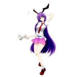 Rule 34 | 1girl, absurdres, animal ears, arm behind head, arm up, bad id, bad pixiv id, blouse, derivative work, full body, gun, highres, legacy of lunatic kingdom, long hair, lunatic gun, moon rabbit, necktie, purple hair, rabbit ears, red eyes, red necktie, reisen udongein inaba, shirt, skirt, smile, solo, tk31, touhou, transparent background, very long hair, weapon, white background