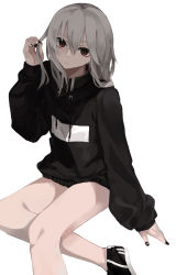 Rule 34 | 1girl, black footwear, black jacket, black nails, closed mouth, commentary request, drawstring, eyebrows hidden by hair, fingernails, grey hair, hair between eyes, hand up, highres, jacket, long sleeves, looking at viewer, nail polish, ogami ren, original, red eyes, shoes, simple background, sitting, solo, white background