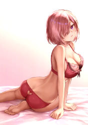 Rule 34 | 1girl, absurdres, arched back, arm support, ass, ass cutout, back, bare shoulders, barefoot, bed sheet, black bow, blush, bow, bow bra, bra, breasts, butt crack, cleavage, clothing cutout, fate/grand order, fate (series), gradient background, hair over one eye, heart cutout, highres, large breasts, lingerie, looking at viewer, mash kyrielight, mashuu (neko no oyashiro), panties, parted lips, pink bra, pink hair, pink panties, purple eyes, scan, short hair, sitting, soles, solo, toes, tsurime, underwear, underwear only, yokozuwari