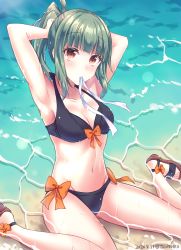 Rule 34 | 1girl, adjusting hair, armpits, bare arms, bare legs, bare shoulders, barefoot, bikini, black bikini, blush, breasts, brown eyes, cleavage, collarbone, dated, green hair, groin, kabocha torute, kantai collection, long hair, looking at viewer, mouth hold, navel, ocean, ponytail, sandals, sitting, small breasts, solo, swimsuit, toes, twitter username, wariza, water, wet, yuubari (kancolle)