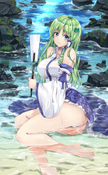 Rule 34 | 1girl, ass, blue eyes, blue skirt, breasts, collared shirt, detached sleeves, female focus, frog hair ornament, fule, full body, gohei, green hair, hair ornament, hair tubes, highres, japanese clothes, kochiya sanae, large breasts, long hair, long skirt, looking at viewer, miko, nontraditional miko, outdoors, rock, shirt, sitting, skirt, sleeveless, sleeveless shirt, smile, snake hair ornament, solo, thighs, touhou, water, white shirt, wide sleeves