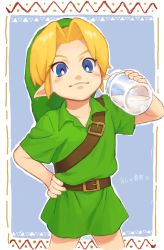 Rule 34 | 1boy, belt, belt buckle, blonde hair, blue background, blue eyes, bottle, brown belt, buckle, closed mouth, commentary request, cowboy shot, green hat, hand on own hip, hat, highres, holding, link, looking at viewer, male focus, milk, nintendo, outline, pointy ears, raji (aranmax), shirt, short sleeves, smile, solo, the legend of zelda, the legend of zelda: ocarina of time, white outline, young link