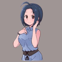 Rule 34 | 1girl, ahoge, blue hair, blush, breasts, brown eyes, cropped legs, dress, es (eisis), grey background, hand on own cheek, hand on own face, highres, idolmaster, idolmaster (classic), large breasts, looking at viewer, miura azusa, short hair, simple background, sleeveless, sleeveless dress, smile, solo, underwear