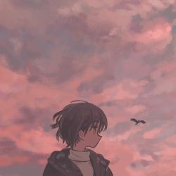 Rule 34 | 1girl, bird, brown hair, brown jacket, closed mouth, cloud, cloudy sky, commentary, dusk, highres, jacket, looking to the side, muji (uimss), original, outdoors, profile, short hair, sky, solo, sunset, sweater, turtleneck, turtleneck sweater, upper body, white sweater