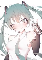 Rule 34 | 1girl, aqua eyes, aqua hair, aqua necktie, bad id, bad pixiv id, bare shoulders, blurry, blurry foreground, blush, breasts, closed mouth, collarbone, collared shirt, covered collarbone, detached sleeves, finger gun, fingerless gloves, giryu, gloves, hair between eyes, hatsune miku, head tilt, headphones, headset, holding, looking at viewer, medium breasts, microphone, necktie, numbered, one eye closed, shirt, sideboob, smile, solo, tattoo, tight clothes, tight shirt, tsurime, twintails, upper body, vocaloid, wind, wind lift