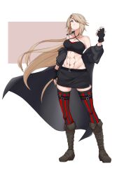 Rule 34 | 1girl, abs, bare shoulders, belt, blonde hair, blue eyes, boots, breasts, coat, crop top, eyepatch, fingerless gloves, full body, gloves, hair ribbon, head tilt, highres, klement, long hair, looking at viewer, lydia macarthur, medium breasts, non-web source, original, overcoat, ponytail, ribbon, skirt, sleeveless, source request, strap, thighhighs, thighs, trench coat, white background