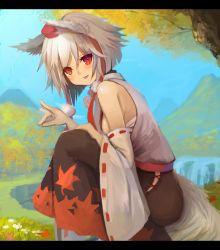 Rule 34 | 1girl, absurdres, animal ears, autumn leaves, bad id, bad pixiv id, bare shoulders, breasts, daisy, detached sleeves, fang, flower, fox shadow puppet, grass, hat, highres, hukahire0120, inubashiri momiji, leaf, leaf print, letterboxed, looking at viewer, maple leaf, mountain, open mouth, outdoors, red eyes, sarashi, shirt, short hair, sideboob, skirt, sleeveless, sleeveless shirt, small breasts, smile, solo, squatting, tail, tokin hat, touhou, tree, water, waterfall, white hair, wolf ears, wolf tail