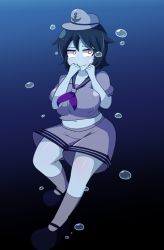 Rule 34 | 1girl, 3:, belly, black hair, blush, breasts, bubble, clenched hands, covered erect nipples, female focus, gradient background, hat, large breasts, looking at viewer, manorea, mary janes, murasa minamitsu, navel, plump, puffy nipples, red eyes, sailor hat, school uniform, serafuku, shoes, short hair, shorts, shy, socks, solo, touhou, underwater, wavy mouth
