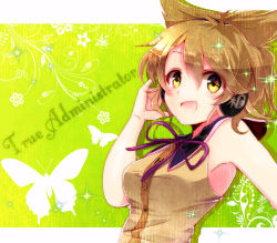 Rule 34 | 1girl, :d, bad id, bad pixiv id, brown hair, bug, butterfly, earmuffs, female focus, flower, headphones, bug, open mouth, outlaw, ribbon, shirt, short hair, sleeveless, sleeveless shirt, smile, solo, touhou, toyosatomimi no miko, unabara misumi, upper body, yellow eyes