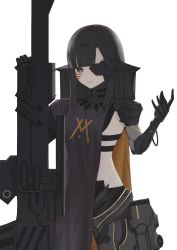 Rule 34 | 1girl, absurdres, arm up, black dress, black hair, breasts, closed mouth, dress, eyepatch, facial mark, girls&#039; frontline, grey eyes, gun, highres, holding, holding gun, holding weapon, lips, long hair, looking at viewer, mechanical arms, mechanical legs, nyto (girls&#039; frontline), adeline (girls&#039; frontline), paradeus, sidelocks, solo, standing, thomas 8000, weapon, white background
