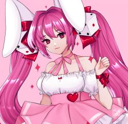 Rule 34 | 1girl, :3, animal ears, arm at side, arm up, bare shoulders, bow, breasts, choker, closed mouth, di gi charat, dice, dice hair ornament, dress, frilled dress, frills, hair between eyes, hair ornament, hair ribbon, halterneck, heart, heart-shaped pupils, large ears, looking at viewer, medium breasts, pink background, pink dress, rabbit ears, red ribbon, ribbon, shari cote, simple background, solo, star (symbol), symbol-shaped pupils, underbust, usada hikaru
