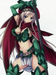 Rule 34 | &gt;:(, 1girl, alleyne (queen&#039;s blade), alleyne (queen's blade), beret, blue eyes, boots, braid, breasts, bustier, cape, closed mouth, cowboy shot, elbow gloves, elf, fighting master alleyne, frown, gloves, green footwear, green gloves, hat, holding, holding weapon, long hair, looking at viewer, matsuryuu, medium breasts, midriff, navel, pointy ears, queen&#039;s blade, red cape, side braid, silver hair, solo, stomach, thigh boots, thighhighs, v-shaped eyebrows, very long hair, weapon