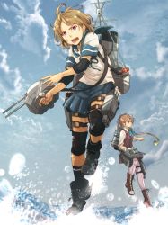 Rule 34 | 2girls, adapted turret, akigumo (kancolle), arm warmers, bandaid, bandaid on face, blue sailor collar, blue skirt, blue sky, boots, brown hair, cloud, crab, cross-laced footwear, day, elbow pads, full body, green eyes, hair ribbon, kantai collection, knee pads, lace-up boots, long hair, multiple girls, oboro (kancolle), open mouth, outdoors, pantyhose, pleated skirt, ponytail, purple legwear, ribbon, sailor collar, school uniform, serafuku, shakeda mamoshirou, short hair, skirt, sky, smokestack, splashing, thigh strap, turret, water