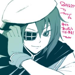 Rule 34 | 1girl, beret, cape, dated, eyepatch, gloves, green theme, hand up, hat, kantai collection, kiso (kancolle), looking at viewer, one eye covered, signature, simple background, smile, solo, tocky, upper body, white background