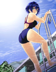 Rule 34 | 1girl, ass, bad id, bad pixiv id, barefoot, blue hair, competition swimsuit, from below, goggles, green eyes, one-piece swimsuit, original, pool, pool ladder, short hair, solo, swim cap, swimsuit, underwater, wet, yui 7