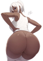Rule 34 | 1girl, armpits, ass, ass focus, blue eyes, bottomless, breasts, dark-skinned female, dark skin, from behind, highres, huge ass, large breasts, looking at viewer, looking back, original, samegami, shirt, short hair, short ponytail, sidelocks, simple background, sleeveless, sleeveless shirt, solo, thighhighs, white background, white hair, white shirt, white thighhighs