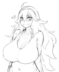 Rule 34 | 1girl, @ @, ahoge, blush, breasts, covered navel, creatures (company), female focus, game freak, greyscale, hairband, heart, hex maniac (pokemon), highres, huge breasts, long hair, long sleeves, looking to the side, monochrome, navel, nintendo, npc trainer, pokemon, pokemon xy, roresu, simple background, sketch, smile, solo, standing, turtleneck, upper body, white background
