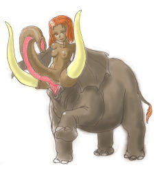Rule 34 | artist request, breasts, elephant, elephant girl, monster girl, navel, nipples, nude, orange eyes, orange hair, simple background, sketch, tusks, what