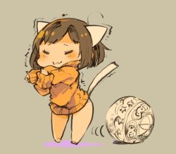 Rule 34 | 1girl, animal ears, ball, chibi, closed mouth, commentary, full body, mota, original, panties, short hair, simple background, solo, sweater, symbol-only commentary, tail, underwear