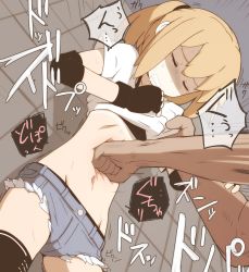 Rule 34 | 1boy, 1girl, black gloves, black thighhighs, blonde hair, clenched teeth, closed eyes, clothes lift, cutoffs, drooling, elbow pads, fingerless gloves, from below, gloves, highres, nns (sobchan), original, ponytail, punching, ryona, saliva, shirt lift, short shorts, shorts, stomach punch, sweat, teeth, thighhighs, translation request