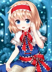 Rule 34 | 1girl, :d, alice margatroid, blonde hair, blue background, blue dress, blue eyes, blurry, blurry background, book, capelet, dress, forest, frilled ribbon, frills, hairband, hand in own hair, highres, holding, holding book, light particles, lolita hairband, looking at viewer, nature, open book, open mouth, outdoors, red hairband, red ribbon, ribbon, ruu (tksymkw), short hair, smile, solo, touhou, white capelet