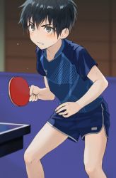 Rule 34 | 1boy, black hair, blue shirt, blue shorts, blush, brown eyes, clenched teeth, hair between eyes, highres, holding, male focus, original, paddle, pillow (nutsfool), shirt, short shorts, short sleeves, shorts, solo, sportswear, sweat, table, table tennis paddle, teeth