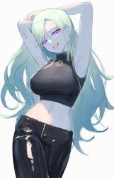 Rule 34 | 1girl, :p, absurdres, armpits, arms up, black pants, breasts, cowboy shot, crop top, eyelashes, green hair, highres, jewelry, large breasts, leather, leather pants, long hair, midriff, mizumi zumi, necklace, o-ring, original, pants, purple eyes, simple background, sleeveless, solo, tongue, tongue out, turtleneck, uneven eyes, very long hair, white background