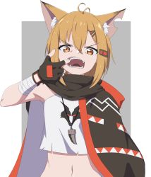 Rule 34 | 1girl, absurdres, animal ear fluff, animal ears, antenna hair, arknights, bandaged arm, bandages, black cloak, black gloves, brown eyes, brown hair, cloak, commentary request, crop top, fingerless gloves, gloves, grey background, highres, minowa sukyaru, mouth pull, navel, shirt, solo, two-tone background, upper body, vermeil (arknights), white background, white shirt