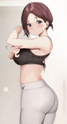 Rule 34 | 1girl, azuki yui, bare arms, blush, breasts, brown eyes, brown hair, closed mouth, highres, large breasts, looking at viewer, original, pants, pinching, ponytail, short hair, short ponytail, simple background, solo, sports bra, sportswear, tight clothes, tight pants, white pants, wide hips