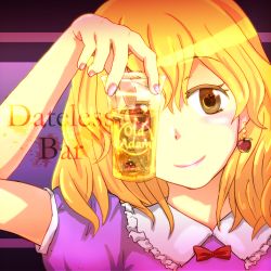 Rule 34 | 1girl, alcohol, apple, blonde hair, bow, cup, dateless bar &quot;old adam&quot;, drink, earrings, english text, food, frilled shirt collar, frills, fruit, head only, highres, holding, holding cup, jewelry, looking at viewer, maribel hearn, minus (sr mineka), nail polish, puffy short sleeves, puffy sleeves, purple shirt, shirt, short hair, short sleeves, torso only, yellow eyes