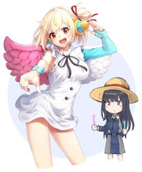 Rule 34 | 2girls, :d, asymmetrical wings, black eyes, black hair, blonde hair, commentary request, cosplay, dress, glowstick, hair ribbon, hat, highres, holding, holding glowstick, inoue takina, long hair, looking at another, looking at viewer, lycoris recoil, m.tokotsu, mismatched wings, multiple girls, nishikigi chisato, one piece, open mouth, pink wings, red ribbon, ribbon, short hair, smile, straw hat, uta (one piece), uta (one piece) (cosplay), white wings, wings