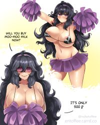 Rule 34 | 1girl, absurdres, alternate breast size, breasts, cheerleader, creatures (company), game freak, hex maniac (pokemon), highres, large breasts, long hair, messy hair, navel, nintendo, pokemon, pokemon xy, pom pom (clothes), pun, sexually suggestive, shiny skin, skirt, solo, stomach, toffeech, very long hair