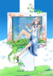 Rule 34 | 1girl, ahoge, anklet, barefoot, barefoot sandals (jewelry), blue eyes, bracelet, brown hair, bug, butterfly, cloud, day, dress, flat chest, framed, giccho, highres, insect, jewelry, legs, lips, necklace, original, picture frame, plant, sitting, smile, solo, sundress