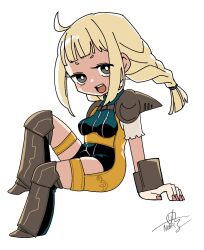 Rule 34 | 1girl, :d, blonde hair, blush stickers, boots, braid, brown eyes, brown footwear, final fantasy, final fantasy xii, full body, highres, long hair, nobel (nobel827), open mouth, penelo, short bangs, signature, simple background, smile, solo, teeth, twin braids, upper teeth only, v-shaped eyebrows, white background