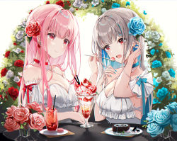 Rule 34 | 2girls, amagu / leinkoteu, bare shoulders, blush, breasts, choker, cup, drinking glass, earrings, eating, flower, food, hair flower, hair ornament, hand in own hair, highres, ice cream, jewelry, large breasts, long hair, multiple girls, nail polish, open mouth, original, pink hair, red eyes, silver hair, smile, spoon, white background