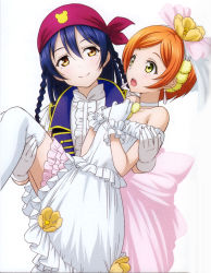 Rule 34 | 10s, 2girls, absurdres, blue hair, brown eyes, carrying, dancing stars on me!, dress, earrings, eye contact, gloves, green eyes, highres, hoshizora rin, jewelry, long hair, looking at another, love live!, love live! school idol festival, love live! school idol project, love wing bell, multiple girls, murota yuuhei, open mouth, orange hair, princess carry, short hair, simple background, smile, sonoda umi, strapless, strapless dress, thighhighs, wedding dress, white background, white gloves, white legwear, yuri