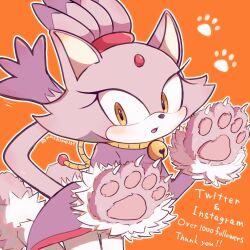 Rule 34 | 1girl, animal ears, animal hands, bell, blaze the cat, blush, cat ears, cat girl, cat paws, cat tail, claws, eyelashes, forehead jewel, furry, furry female, gloves, highres, jacket, machimo129, neck bell, open mouth, pants, paw gloves, paw pose, paw print, ponytail, purple fur, purple jacket, sonic (series), tail, white pants, yellow eyes