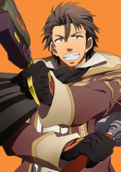 Rule 34 | 1boy, alvin (tales), ascot, black gloves, brown eyes, brown hair, coat, gloves, grin, gun, housui (g3hopes), male focus, simple background, smile, solo, tales of (series), tales of xillia, weapon