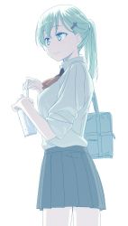 Rule 34 | 10s, adapted costume, ascot, bag, brown ascot, collared shirt, cowboy shot, drinking straw, from side, himura kiseki, holding, holding drinking straw, kantai collection, ponytail, school bag, school uniform, shirt, shoulder bag, simple background, skirt, sleeves rolled up, solo, suzuya (kancolle), white background