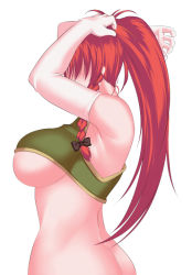 Rule 34 | 1girl, adjusting hair, armpits, arms up, ass, blush, bottomless, bow, breasts, elbow gloves, female focus, gloves, hair bow, hidden face, hong meiling, kupala, large breasts, long hair, no pants, ponytail, red hair, simple background, solo, touhou, underboob, white background