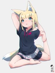 Rule 34 | 1girl, animal ear fluff, animal ears, arms behind head, arms up, artist name, bare shoulders, barefoot, bike shorts, black hoodie, black shorts, blonde hair, blunt bangs, chromatic aberration, collarbone, drawstring, fox ears, fox girl, fox tail, full body, hair ornament, highres, hood, hoodie, kuro kosyou, light blush, looking at viewer, medium hair, open mouth, original, pleated skirt, shadow, short-sleeved sweater, short eyebrows, short sleeves, shorts, shorts under skirt, simple background, skirt, soles, solo, split, stretching, sweater, tail, thick eyebrows