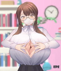 Rule 34 | 1boy, 1girl, between breasts, blurry, blurry background, blush, breasts, breasts apart, brown eyes, brown hair, cleavage, clock, clothed female nude female, epepiero, giant, giantess, glasses, huge breasts, indoors, long hair, mask, mini person, miniboy, mouth mask, no bra, nude, original, person between breasts, round eyewear, standing