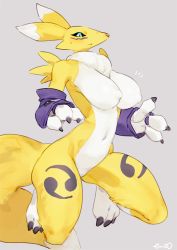 Rule 34 | 1girl, :&lt;, animal ears, animal hands, artist name, bebebe, black sclera, blue eyes, blush, breasts, bridal gauntlets, claws, closed mouth, colored sclera, digimon, digimon (creature), female focus, fox tail, furry, furry female, gloves, grey background, hands up, kneeling, large breasts, looking down, navel, nipples, no humans, no pussy, notice lines, nude, purple gloves, renamon, signature, simple background, solo, sweat, tail, yin yang