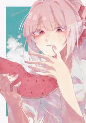 Rule 34 | 1girl, absurdres, border, bow, buttons, chewing, cloud, collared shirt, dress shirt, eating, food, fruit, fujiwara no mokou, hair bow, highres, outside border, red eyes, shirt, solo, somei ooo, sweat, touhou, watermelon, white border, white shirt
