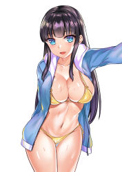 Rule 34 | 1girl, bikini, black hair, blue eyes, blue jacket, blunt bangs, breasts, jacket, large breasts, leaning forward, looking at viewer, open mouth, original, side-tie bikini bottom, simple background, skybuster, smile, solo, swimsuit, white background, yellow bikini